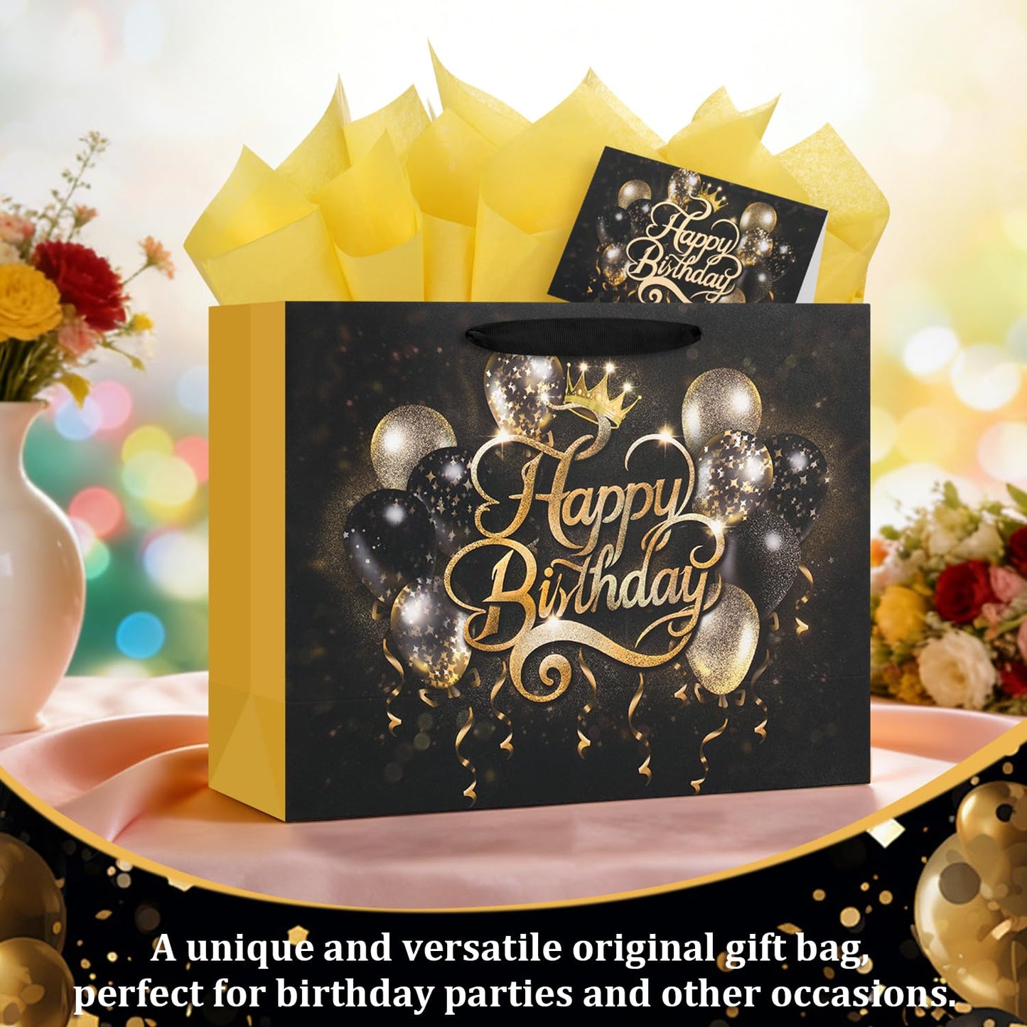 Black Birthday Gift Bag with Tissue Paper and Greeting Card, 12.6“x9.9"x4.3" Happy Birthday Gift Bags for Party, Yellow Balloon Design Gift Wrap Bags Decor for Men, Women and Kids, 1 PCS, Medium Size