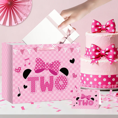 Cartoon Mouse 2nd Birthday Gift Bag Pink Mouse 2nd Birthday Bag with Tissue Paper and Card Pink Plaid Bow Two Years Old Gift Wrapping Paper Bags for Baby Girls Shower Princess 2 Year Old Party Decor