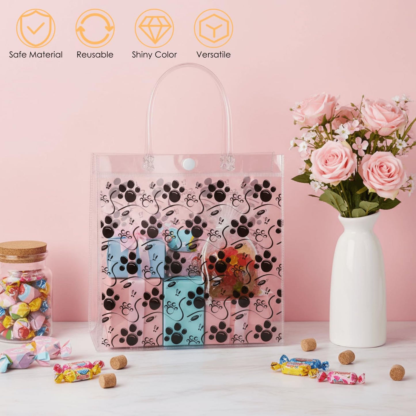 Youeon 30 Pcs Dog Paw Clear Gift Bags with Handles, 8x8x3 Inch Reusable PVC Treat Bags, Transparent Plastic Tote Bags for Pet Party, Birthday, Baby Shower, Candy, Cookie, Easter Favor Gifts