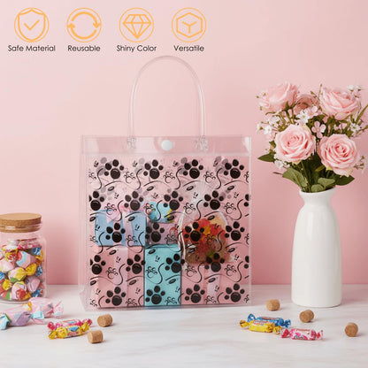 Youeon 30 Pcs Dog Paw Clear Gift Bags with Handles, 8x8x3 Inch Reusable PVC Treat Bags, Transparent Plastic Tote Bags for Pet Party, Birthday, Baby Shower, Candy, Cookie, Easter Favor Gifts