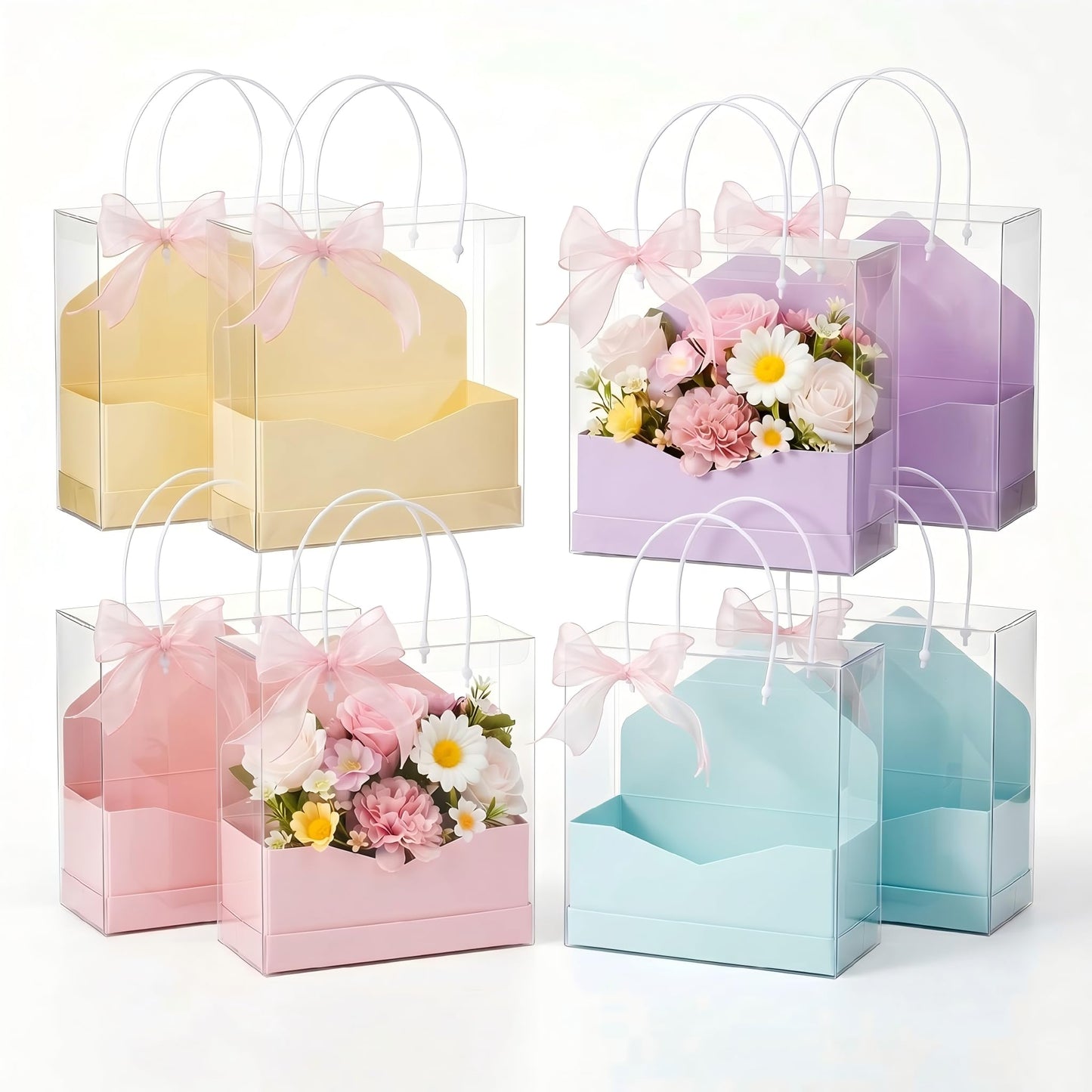 Resurhang 8 Set Flower Gift Boxes for Arrangement Mother's Day Flower Bags with Envelope Gift Boxes Clear plastic Bags with Handle Ribbon for Mom Wedding Bridal Shower Anniversary Floral Arrangement