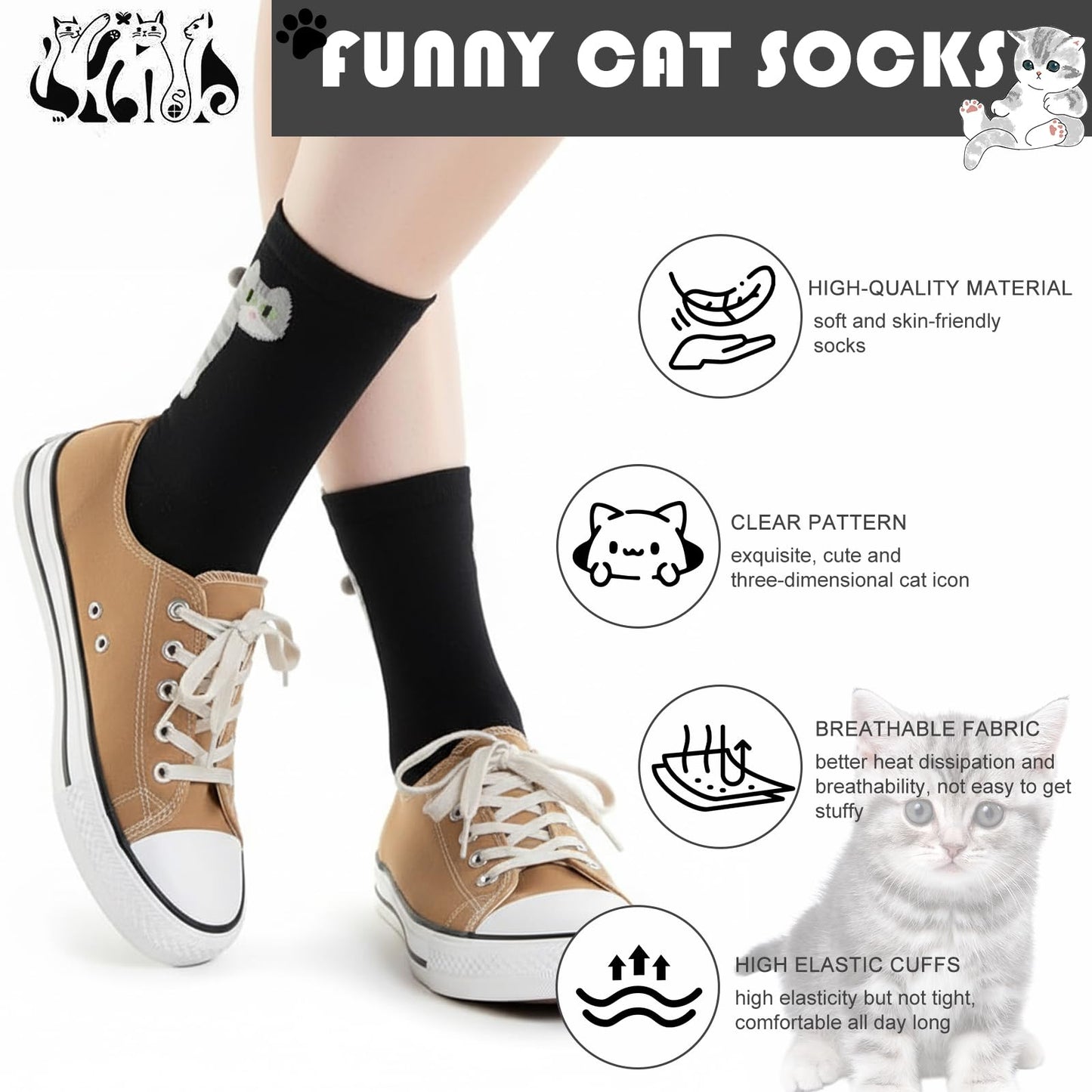 Cute cat balls socks, novelty fun animal socks cute fun white elephant gift for cat lovers