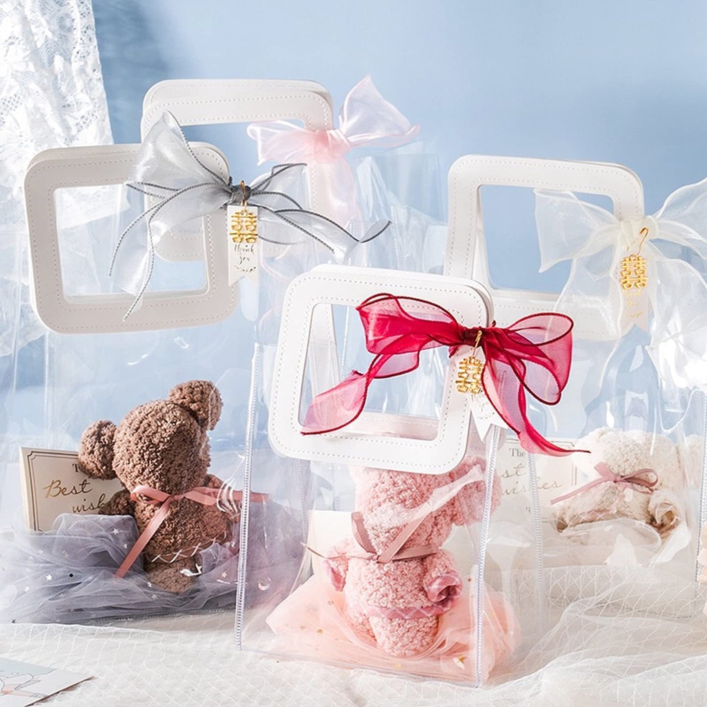 Rmannke Clear Gift Bag with Handle, 4 Pcs Transparent PVC Gift Bag, Heavy Duty Reusable Gift Wrap Bags for Bridal Party, Baby Shower, Wedding Favor, Shopping Bag Bulk- 7"x4" x8"