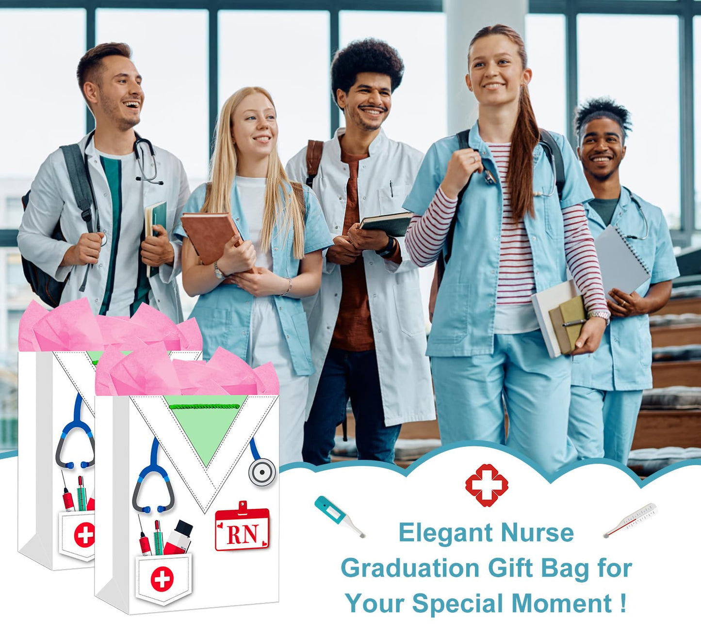 WhatSign RN Graduation Gifts Bag - for Nurse Graduation with Handle 11.5" Nursing School Gifts Bag with Tissue Paper Nurse Week RN Gift for New Nurses Medical School Party Favor