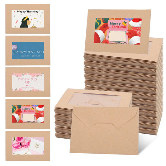 200 PC Gift Card Envelopes With Windows - 4.125” x 2.78” inch Mini Brown Kraft Envelopes for Business Cards and Gift Cards