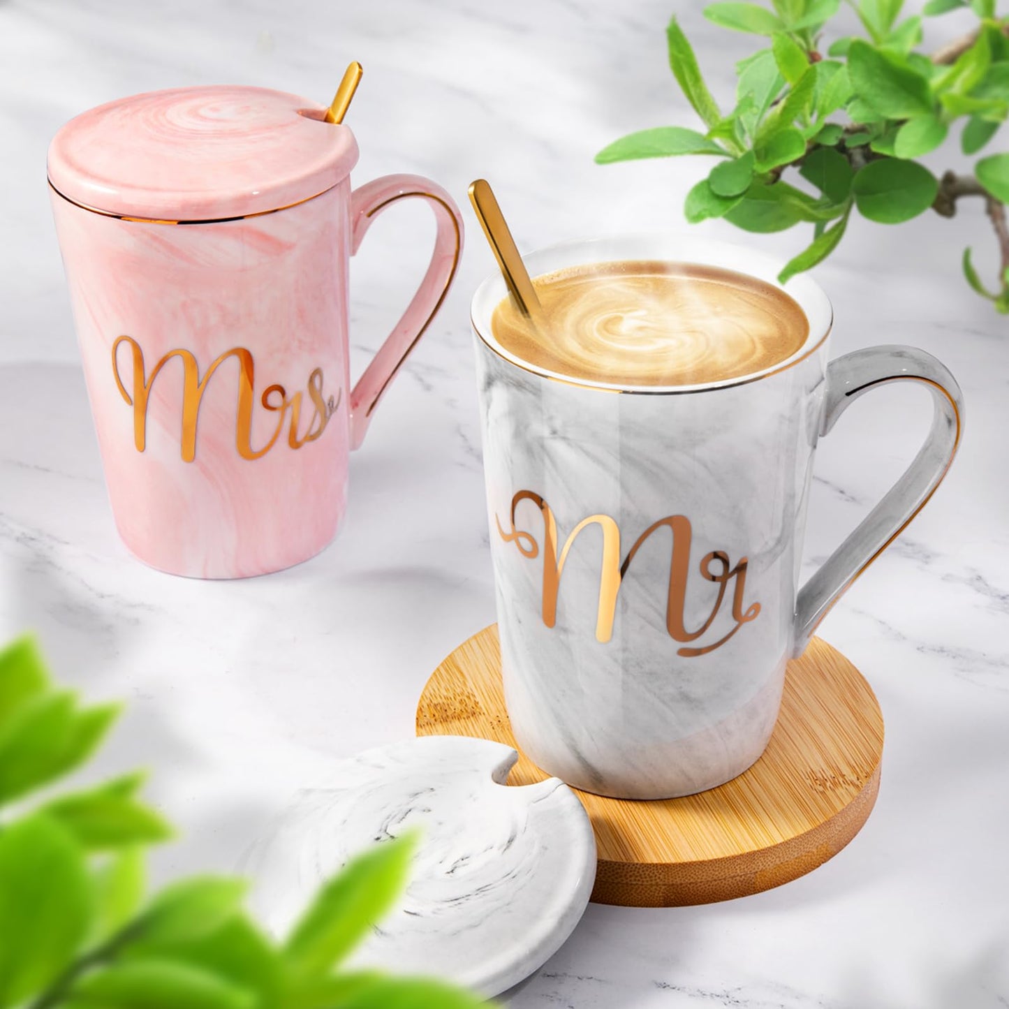Biching Wedding Gifts for Couples 2026, Gifts for Bridal Shower Engagement Bride and Groom Anniversary, 14oz Ceramic Marble Mr and Mrs Mugs Set with Real Gold Foil, Greeting Card, Luxury Gift Box