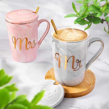 Biching Wedding Gifts for Couples 2026, Gifts for Bridal Shower Engagement Bride and Groom Anniversary, 14oz Ceramic Marble Mr and Mrs Mugs Set with Real Gold Foil, Greeting Card, Luxury Gift Box