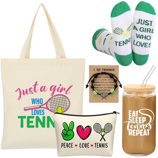 Chunful 6 Pcs Tennis Gifts Set for Teen Girls & Women Team Essentials Accessories Include 16 oz Glass Jar Tumbler Canvas Tote Bag Makeup Bags Novelty Socks Bracelets for Lover Coach
