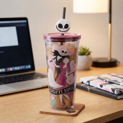 Silver Buffalo Disney The Nightmare Before Christmas Misfit Love Featuring Jack Skellington and Sally Plastic Cold Cup with Lid and Straw Topper, 24 Ounces