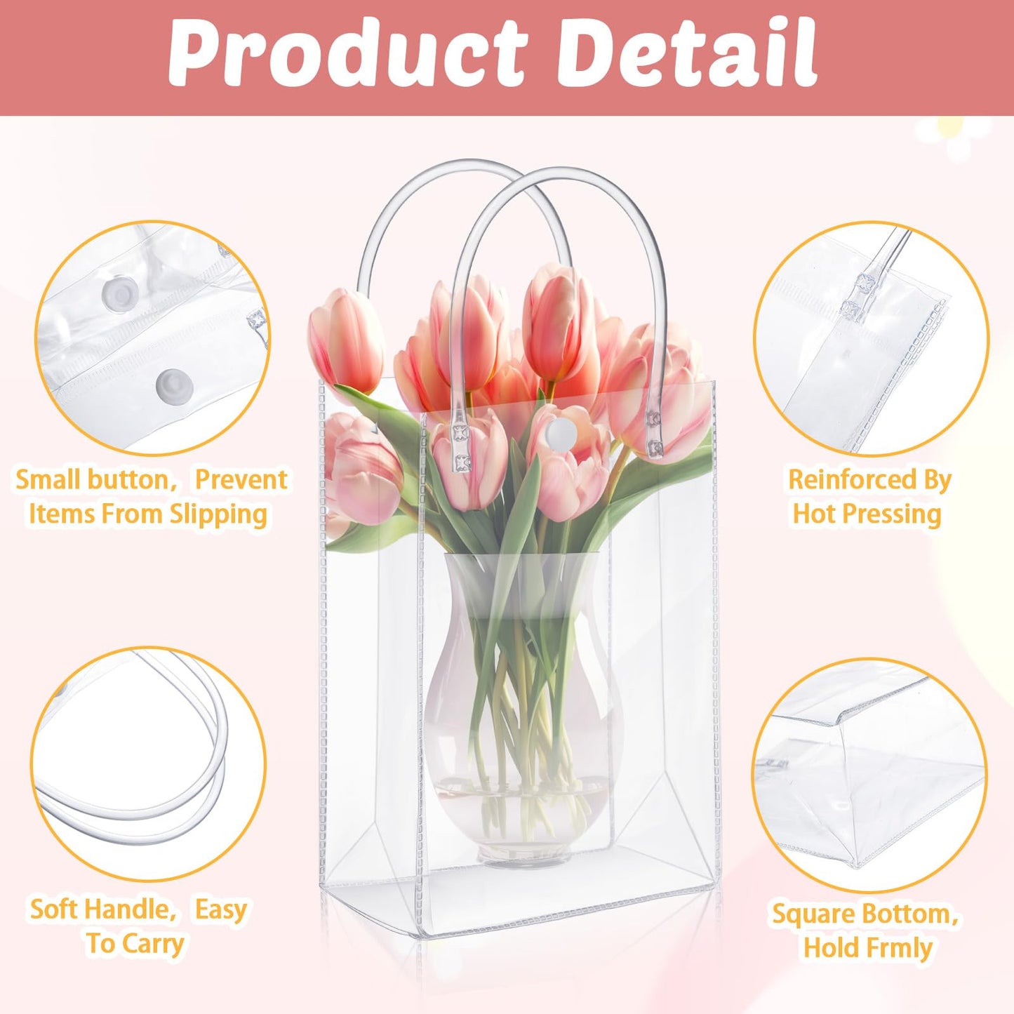 LEIFIDE 50pcs Clear Plastic Gift Bags with Handles PVC Reusable Transparent Totes Bags for Goodie Candy School Birthday Party(7.1 x 9.4 x 3.1 Inch)