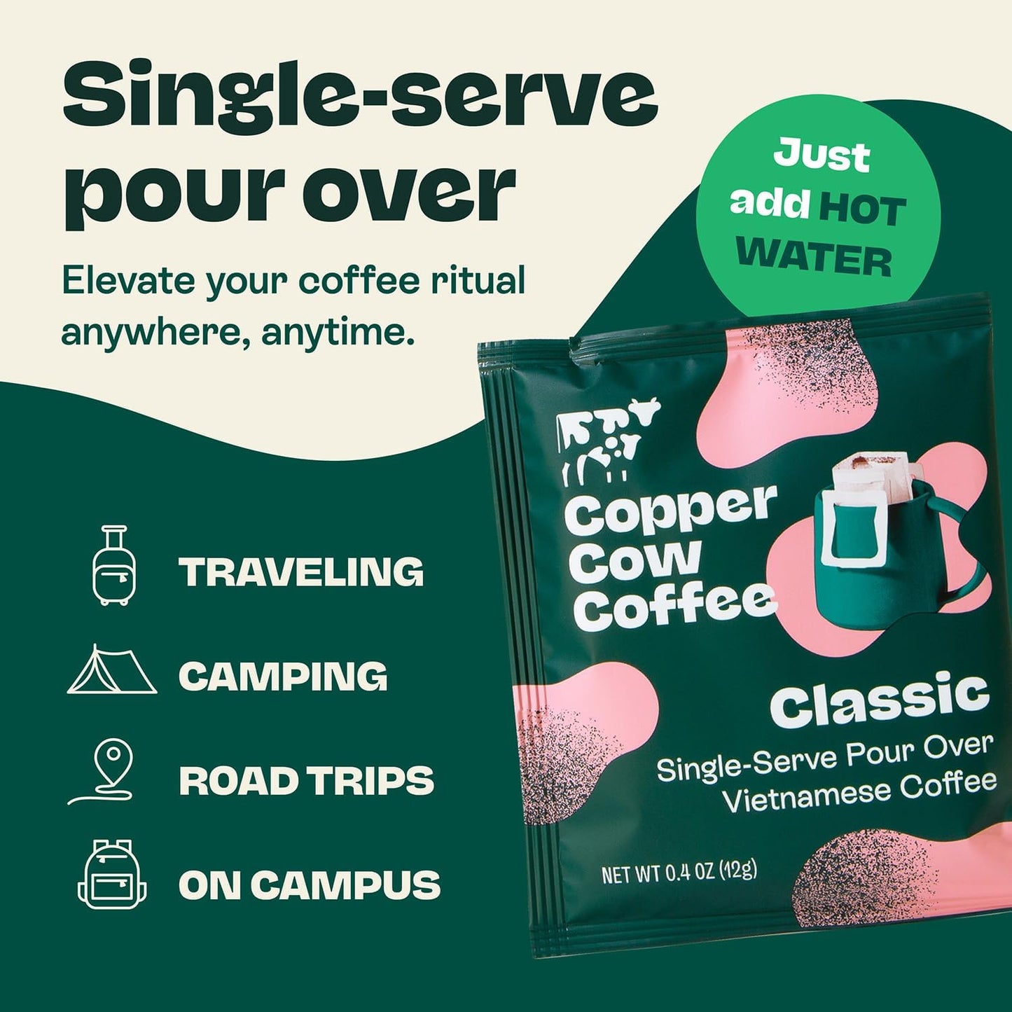 Copper Cow Coffee Vietnamese Pour Over Variety Pack, 5 Pack | 0.4 oz Each | Classic Black, Churro, Vanilla & Salted Caramel | Dark Roast Robusta | No Artificial Flavors | As Seen on Shark Tank