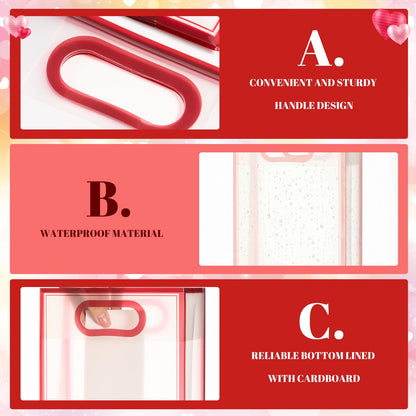 Mooliwe 12 Pcs Red Pink Clear Plastic Gift Bags with Handles 10.2 x 7.08 x 3.15 in Reusable Treat Bags with Ribbons Goodie Gift Wrap Bag for Valentine Parties, Birthday, Wedding Supplies