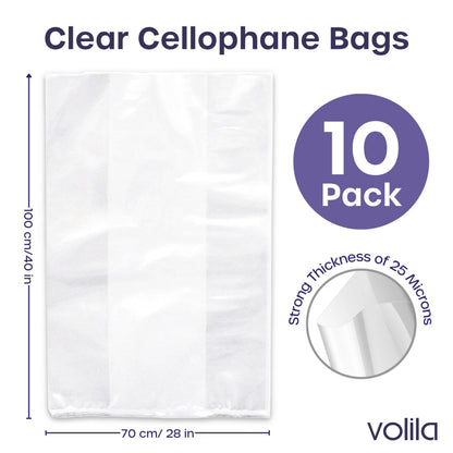 volila Large Cellophane Bags for Gift Baskets - 10 Pack (30 in x 40 in) Clear Gift Wrap for Gift Baskets, Floristry, Party Favors and Food Packaging