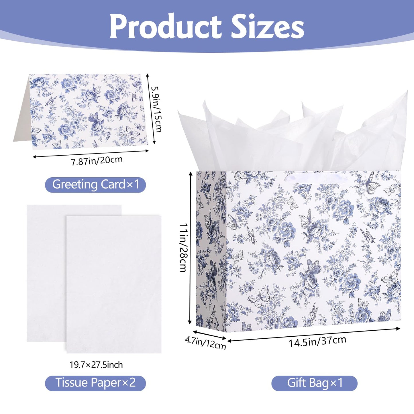 woric 14.5" Large Bridal Shower Gift Bag, Blue Floral Wedding Gift Bag with Greeting Card and Tissue Paper for Women Wedding Engagement Gifts
