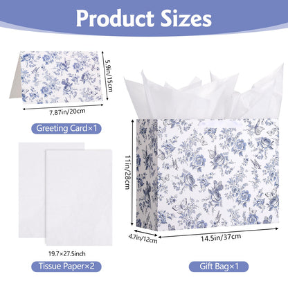 woric 14.5" Large Bridal Shower Gift Bag, Blue Floral Wedding Gift Bag with Greeting Card and Tissue Paper for Women Wedding Engagement Gifts