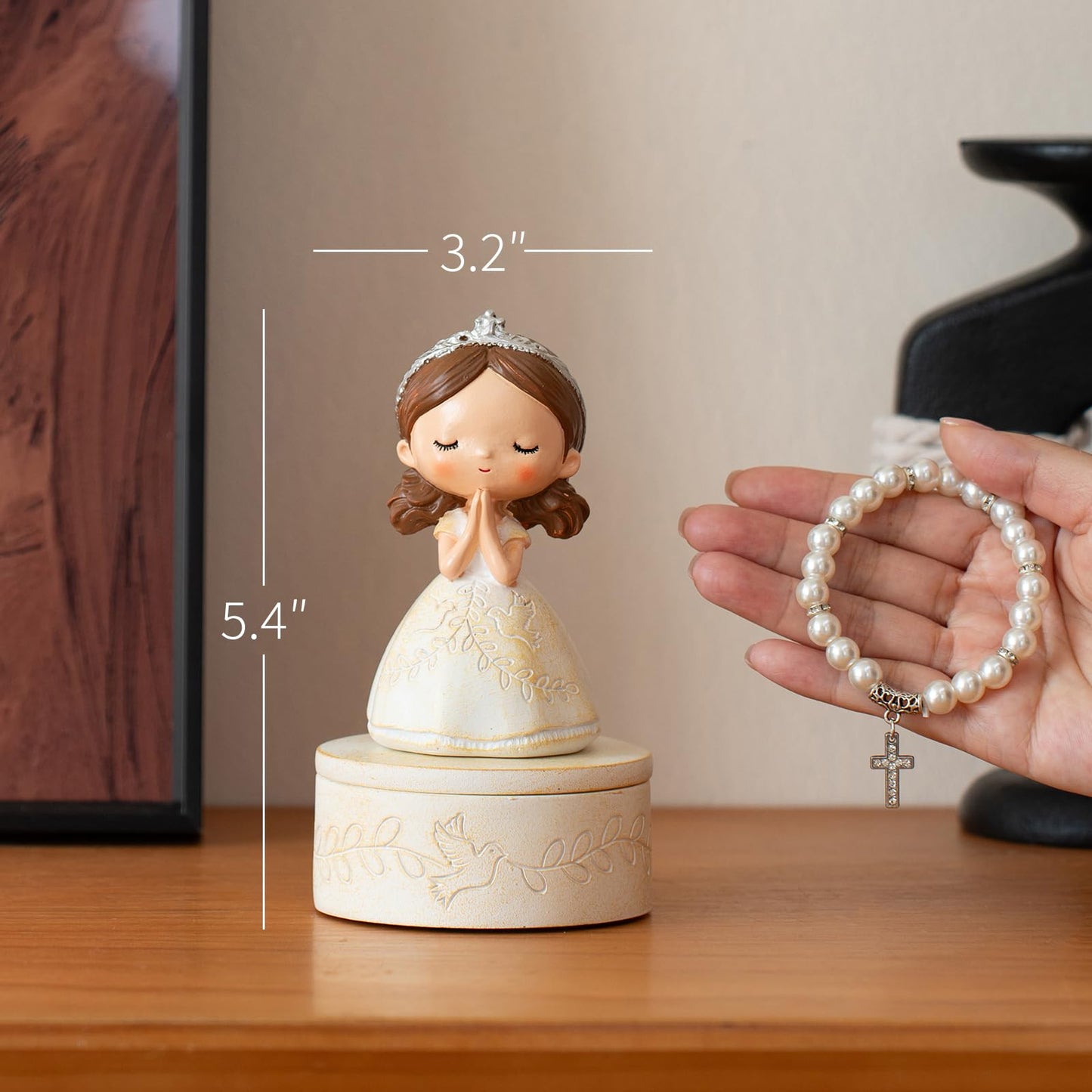 First Communion Gift Set for Girls - Resin Prayer Girl Figurine with Dove & Olive Branch Design, White Religious Keepsake Statue, Pearl Necklace Cross Pendant, Gift Box Set with Inspirational Message