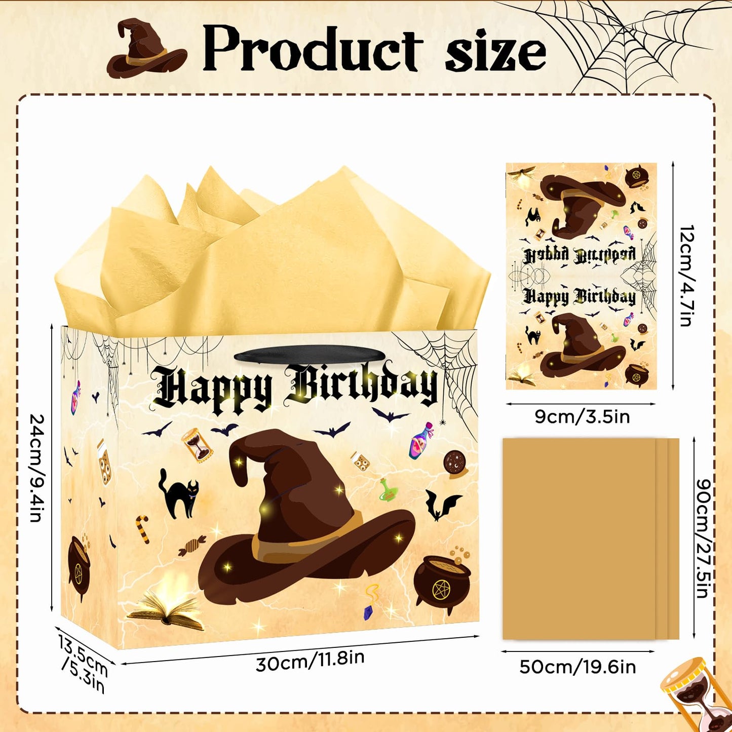 LUUFILx Wizard Birthday Gift Bag Wizard Hat Birthday Party Favors with Wrapping Paper Card Wizard School Gift Wrap Bag for Girls Boys Halloween Wizard Party Decorations Party Supplies (Yellow)