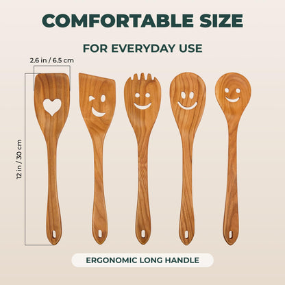 MFC 5-Piece Wooden Cooking Spoons - Kitchen Set from Natural Cherry Wood - Wooden Spoons for Cooking - Funny Utensil Set with Smiley Faces - Cooking Multipurpose Wood Utensils