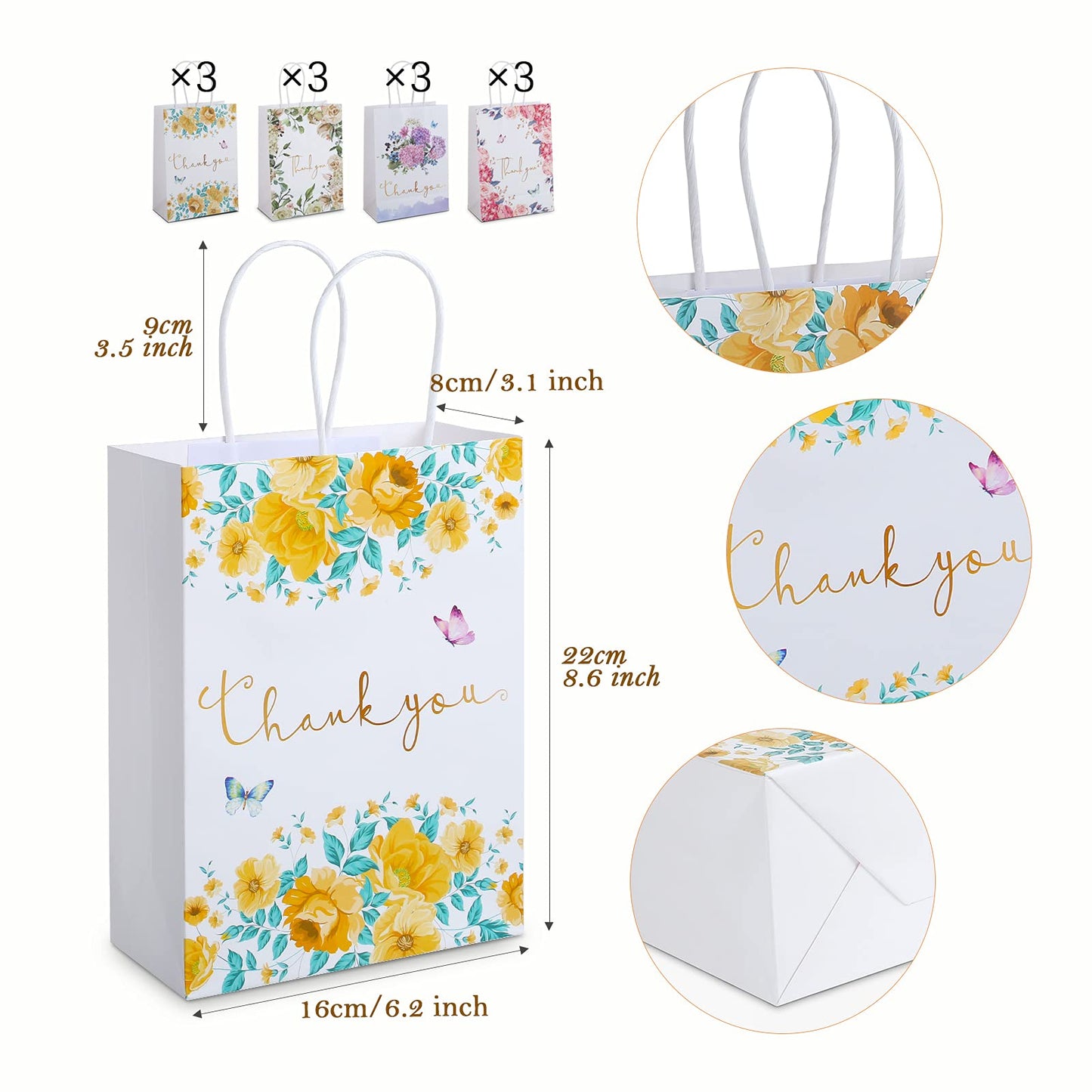 Kesote Small Thank You Gift Bags 12 Pack Floral Design Thank You Bags with Handles, 8.6" X 6.2" X 3" White Kraft Paper Bags Favor Bag Gift Bags for Small Business Wedding Bridal Shower Baby Shower