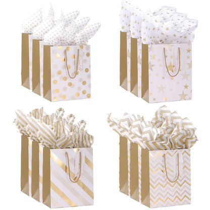 Dimetey 12pcs 9" Gift Bags, Medium Size Paper Bags with Tissue Paper, White Gold Wrap Paper Gift Bags with Handles for Shopping Party Wedding Baby Shower Holiday Presents (Gold)