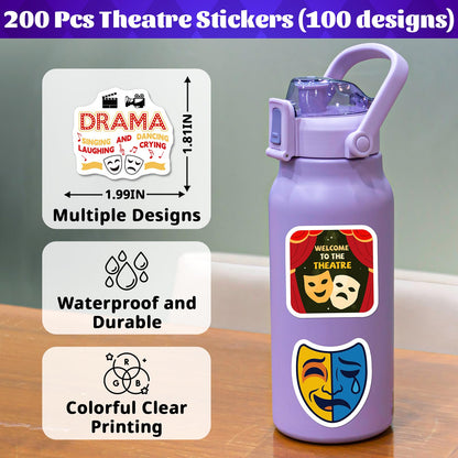 200PCS Theatre Stickers for Laptop, Waterproof Vinyl Drama Stickers for Water Bottle Phone Scrapbook, Musical Theatre Gifts for Kids Teens, Drama Club Party Favors