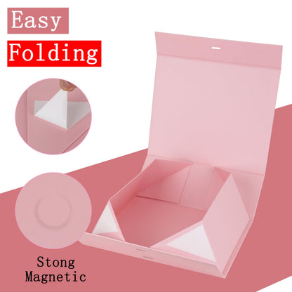 BoxSkivra Pink Gift Box with Ribbon 1 Pack 6X6X3 Inch Small Gift Box with Lid Magnetic Closure Rectangle Collapsible Luxury Gift Boxes for Mother's Day、Birthdays、Shredded Paper Filler & Card
