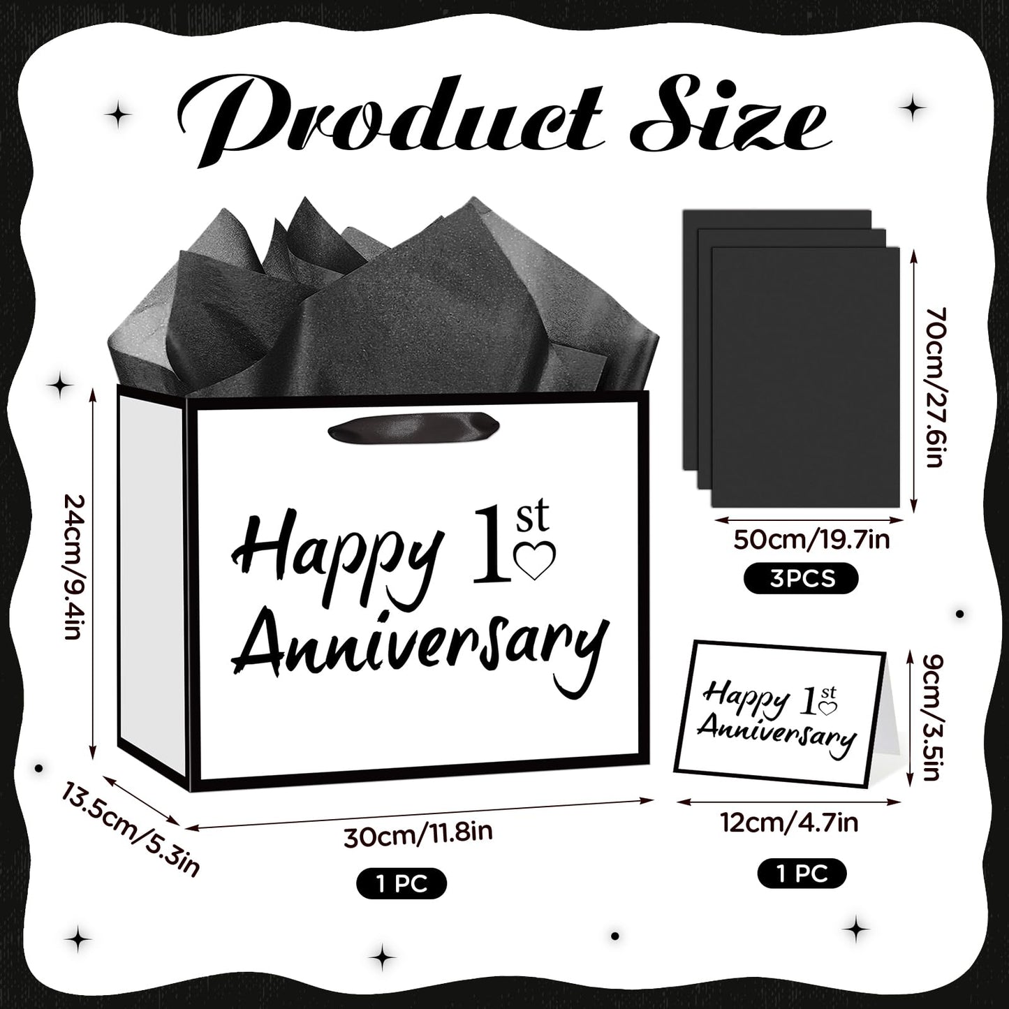 TagreSpike 1st Anniversary Paper Gift Bag with Tissue Paper and Card - Large Happy 1st Anniversary Wrapping Bag - Black and White Paper Anniversary Party Supplies for Husband Wife Couple