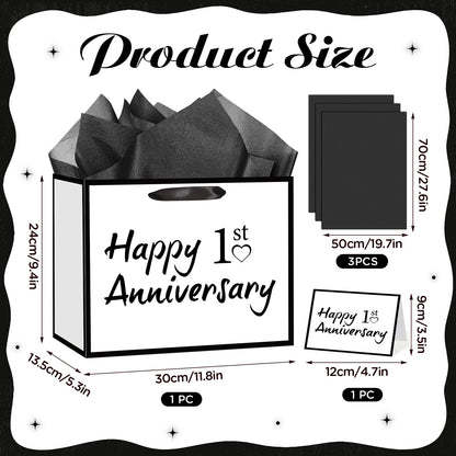 TagreSpike 1st Anniversary Paper Gift Bag with Tissue Paper and Card - Large Happy 1st Anniversary Wrapping Bag - Black and White Paper Anniversary Party Supplies for Husband Wife Couple