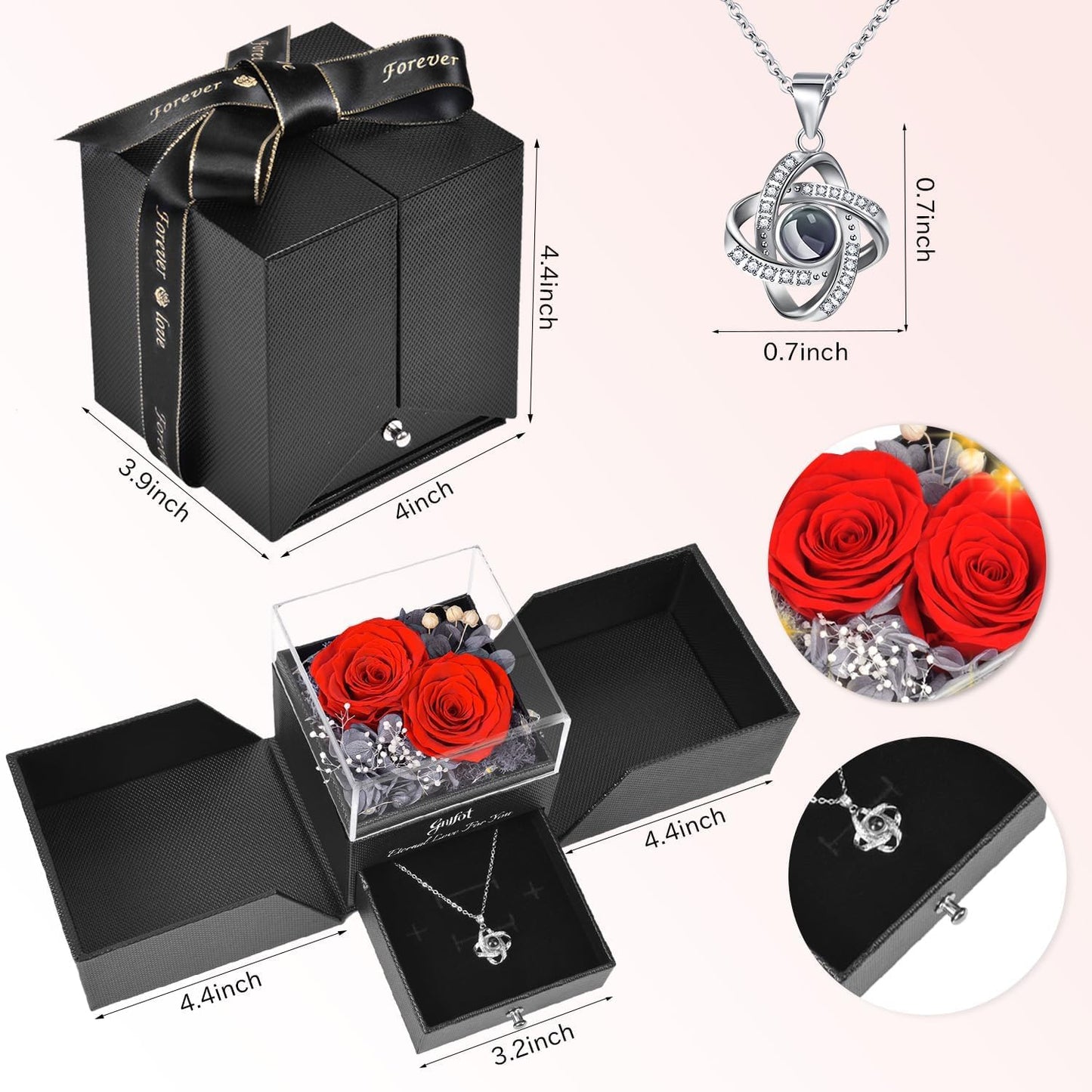 Preserved Red Real Rose with I Love You in 100 Languages Necklace,Eternal Flowers Gifts for Women Wife Girlfriend Mom Grandma on Birthday Anniversary Valentines Mothers Day Christmas,Red Rose