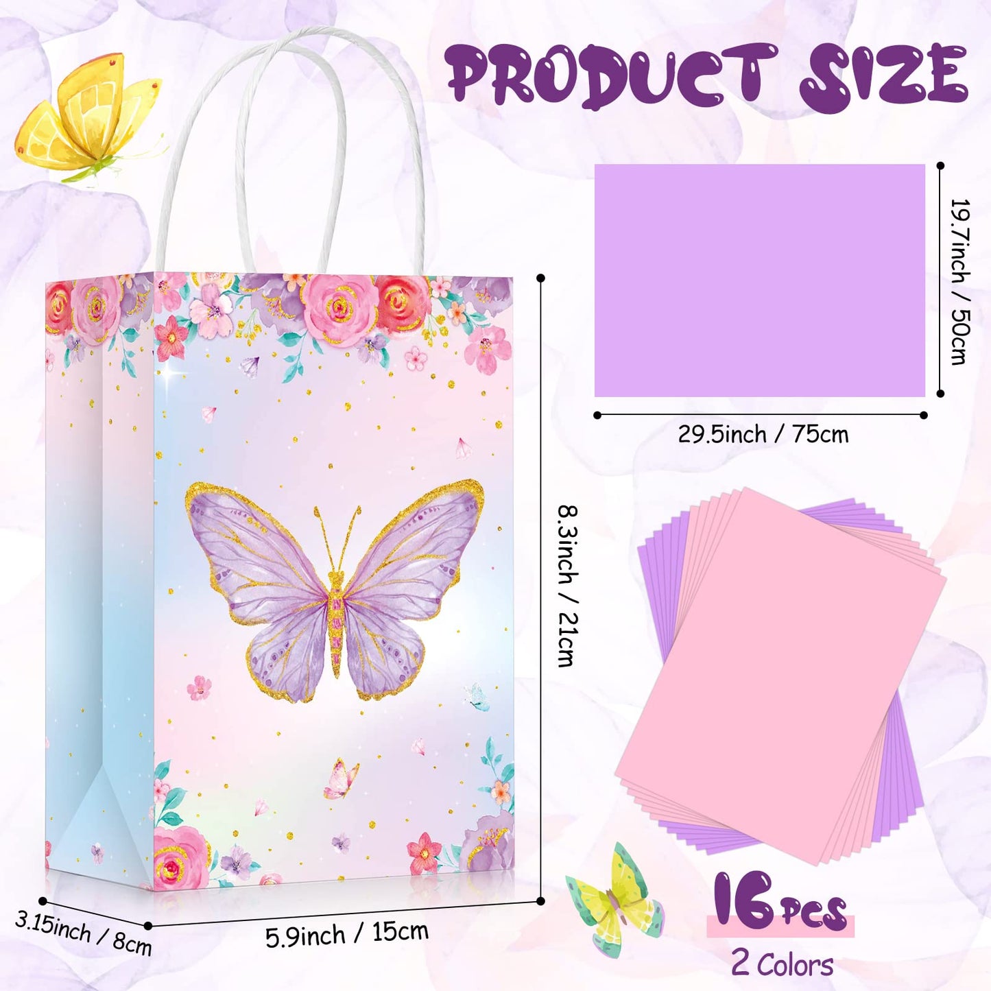 Leinuosen 16 Sets Butterfly Party Favor Bags, Butterfly Gift Bags with Tissue Paper, Pink Purple Floral Goodie Treat Totes for Birthday, Wedding, Baby Shower, Tea Party(Watercolor Style)
