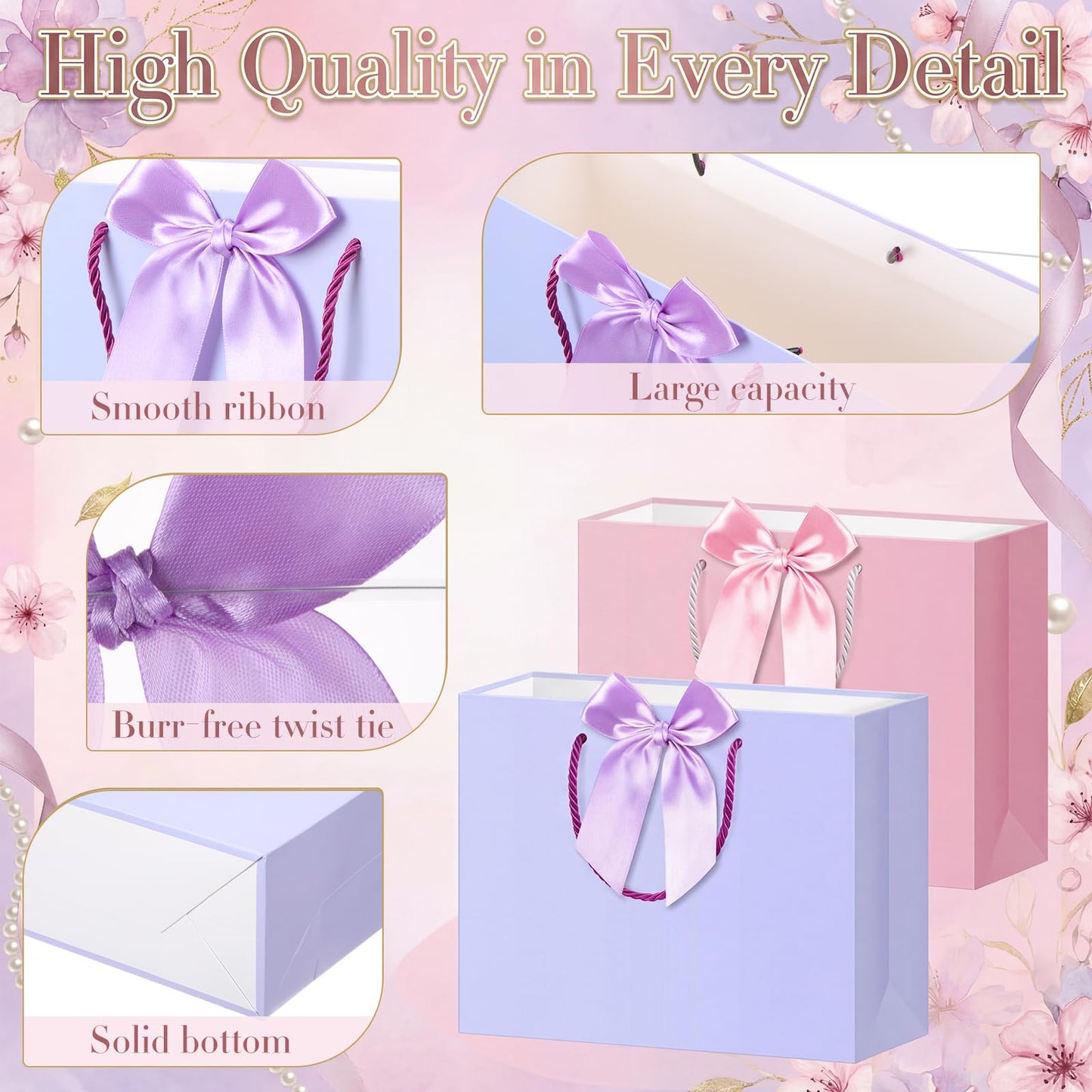 Sabary 12 Pcs Pastel Birthday Gift Bags with Handles and 24 Pre-tied Decorative Ribbon Rows, 12.6" x 9.8" x 4.3" Large Thank You Gift Bags for Easter Baby Shower Wedding Gifts Wrapping Party Supplies