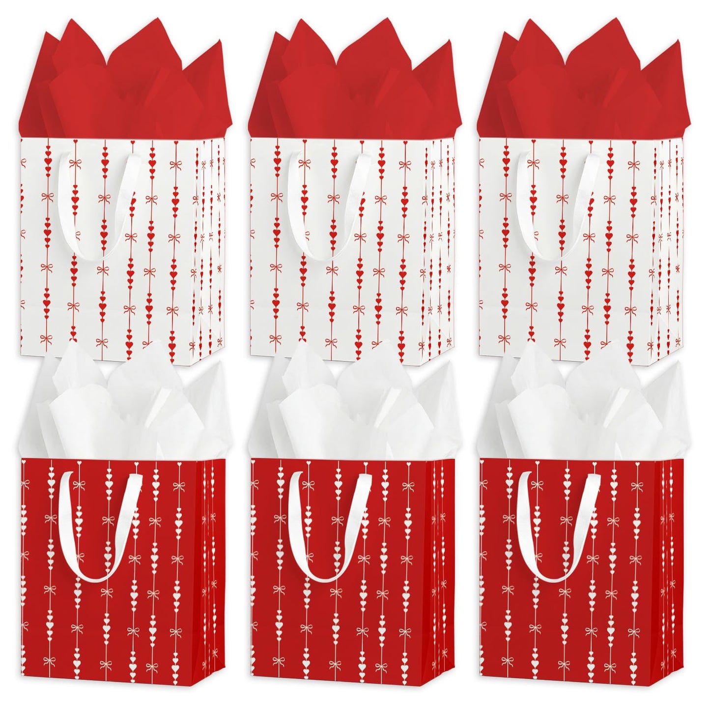 wjrsxilt Valentine's Day Gift Bags Set of 6 - Medium Sized 9" Red Hearts Bags with Handles incl. Matching Tissue Paper - Reusable & For Presents of Any Birthday, Weddings, Valentine's Day