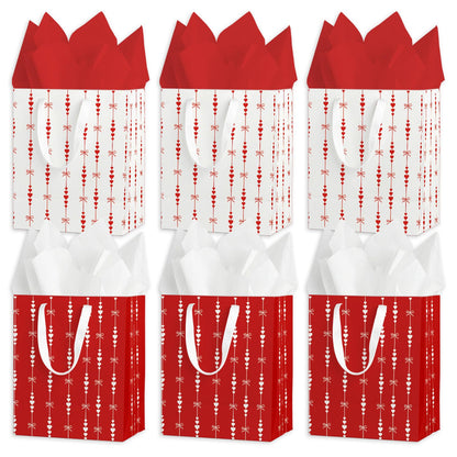 wjrsxilt Valentine's Day Gift Bags Set of 6 - Medium Sized 9" Red Hearts Bags with Handles incl. Matching Tissue Paper - Reusable & For Presents of Any Birthday, Weddings, Valentine's Day