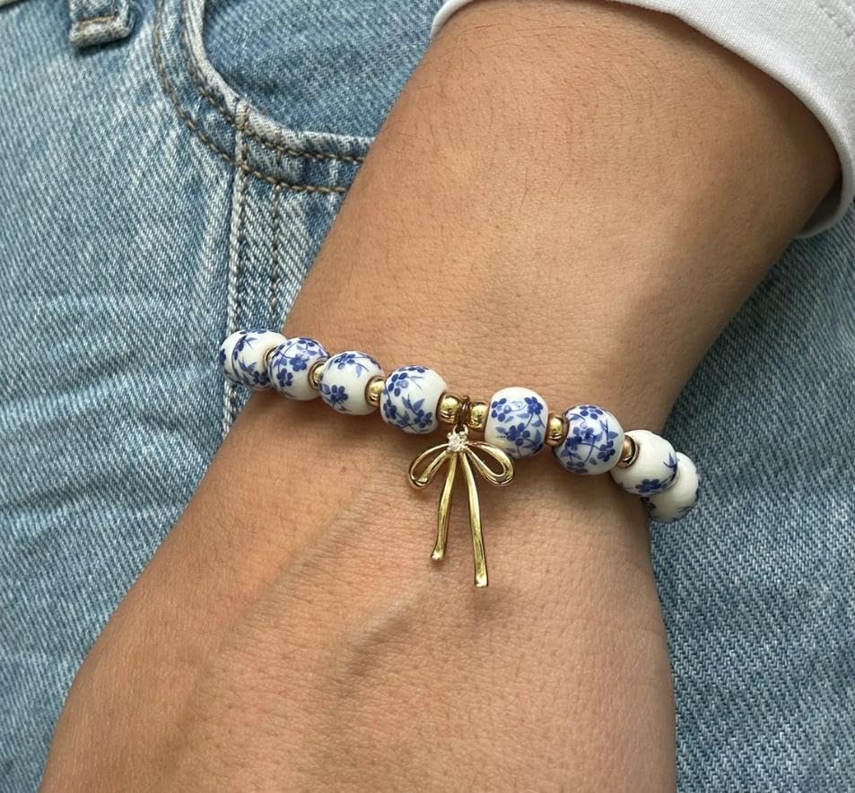 Bow Bracelet Necklace Set 14K Gold Beaded Bracelet Dainty Bow Pendant Choker Jewelry Gift Set