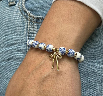 Bow Bracelet Necklace Set 14K Gold Beaded Bracelet Dainty Bow Pendant Choker Jewelry Gift Set