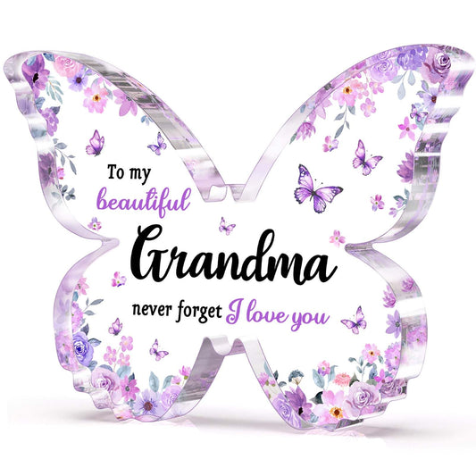 Gifts for Grandma, Grandma Birthday Gifts, Unique Purple Butterfly Acrylic Plaque Desk Decor, Mothers Day Christmas Grandparent Day Gift for Grandmother Nana - 5 x 3.8 x 0.5 inches