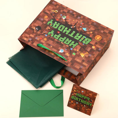 Pixel Birthday Gift Bag, Video Game Theme Party Favor Bag with Greeting Card & Envelope for Birthday Holiday Decoration Party Supplies