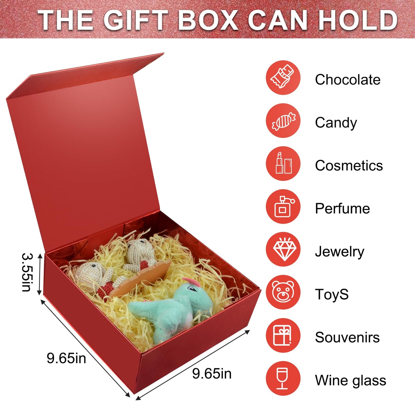 LumyHavver Gift Box 9.65x9.65x3.6 Inches, Red with Magnetic Lid, Collapsible with Ribbon, Raffia Grass, Card, for Birthdays, Christmas, or Parties, Gift Packaging