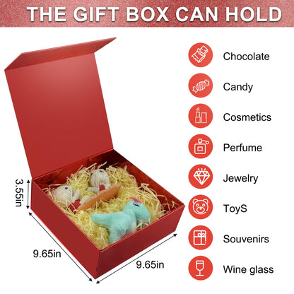 LumyHavver Gift Box 9.65x9.65x3.6 Inches, Red with Magnetic Lid, Collapsible with Ribbon, Raffia Grass, Card, for Birthdays, Christmas, or Parties, Gift Packaging