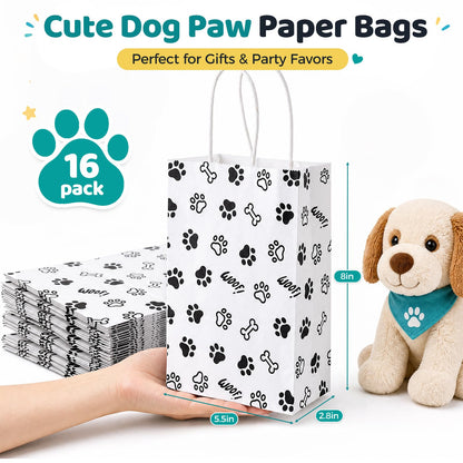 LovesTown 16 Pack Goodie Bags, 5.5 x 2.8 x 8 Inch Animal Party Favor Paw Prints Gift Bags with Handles for Dog Pet Themed Party Retail Grocery Bulk Supplies