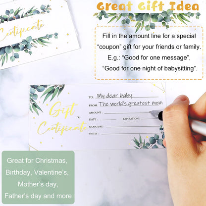 Chuangdi 100 Pcs Gift Certificate for Business Eucalyptus Blank Gift Certificate Cards Gold Foil Present Postcard Double-sided Customer Client Voucher Card for Wedding Birthday Beauty Salon Spa
