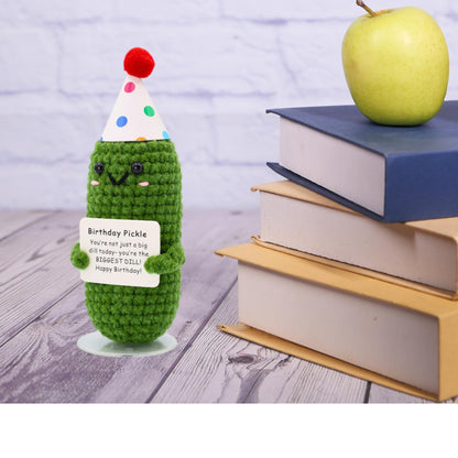 Birthday Pickle with Stand. Emotional Support Crochet Gift. Happy Birthday Gifts for Women, for Her. Present for Mom. Funny Gag Gift for Friends.