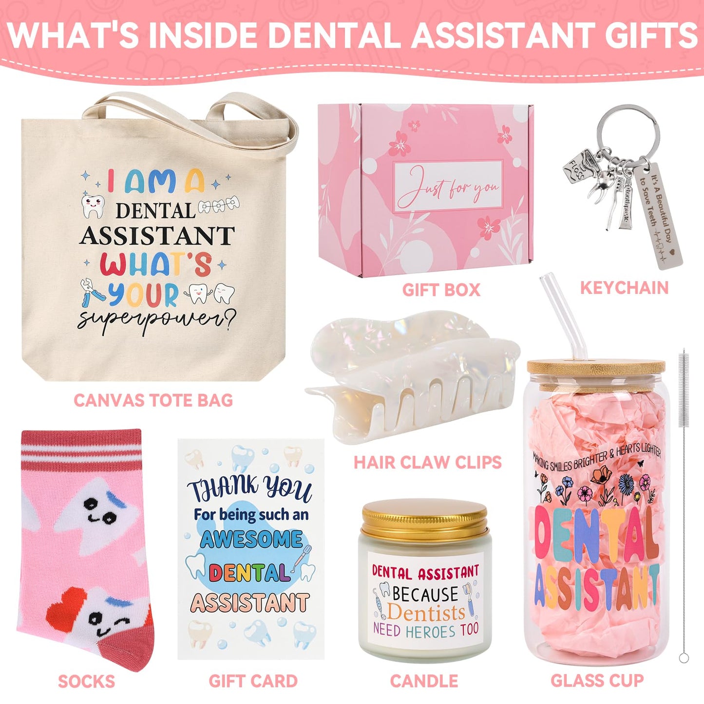 Dental Assistant Gifts for Women Unique Dentist Gifts Funny Dental Hygienist Gift Including Glass Cup Socks Canvas Tote Bag Keychain for Birthday Christmas