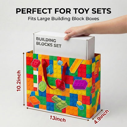 Elunpoe Building Brick Birthday Gift Bag Set with Matching Card & Red Tissue Paper, Colorful Block-Themed Happy Birthday Present Bag for Kids Boys Girls, School Favors, Party Gift Wrap Supplies, 13" x 4.9" x 10.2"