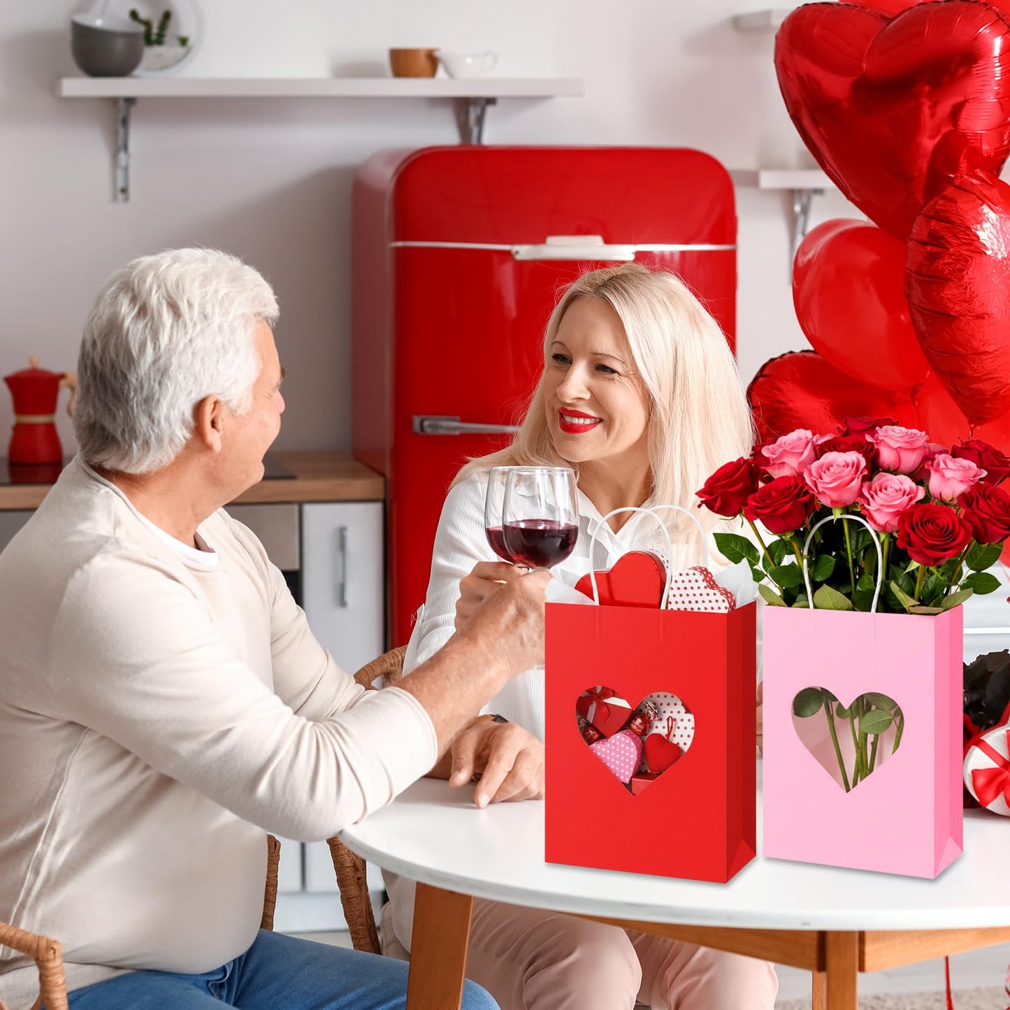Gilprop 24 Pcs Red Pink Paper Gift Bags with Heart Clear Window & Handles, Treat Bags Bulk for Mother's Day, Galentines Party, Wedding Favor, Bridal Shower Packaging for Candy Cookies (Red Pink)