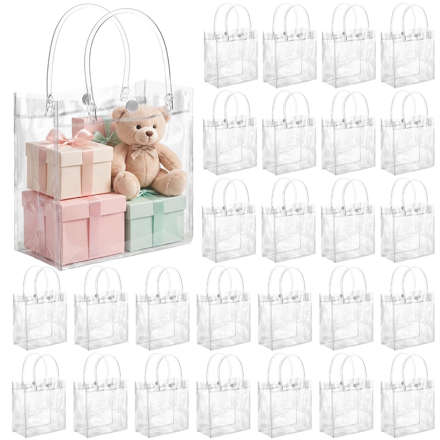 Saintrygo 50 Pcs Clear Plastic Gift Bags with Handles PVC Reusable Party Favour Plastic Gift Bag Transparent Goodie Bag Bulk for Gifts Wedding Birthday Graduation Mother's Day(5.9 x 6.3 x 2.8 Inches)