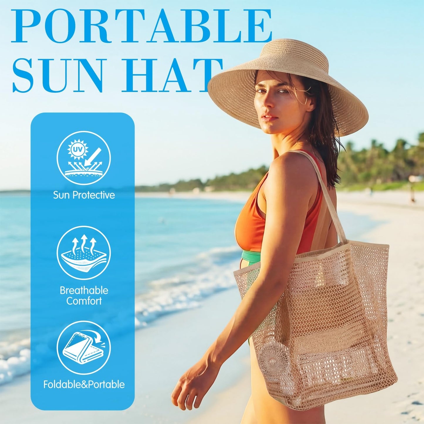 Hsei 4 Pcs Beach Gifts Set for Women Beach Tote Bag, Sun Hats, Makeup Bags, Handheld Fan Beaches Essentials for Summer Travel