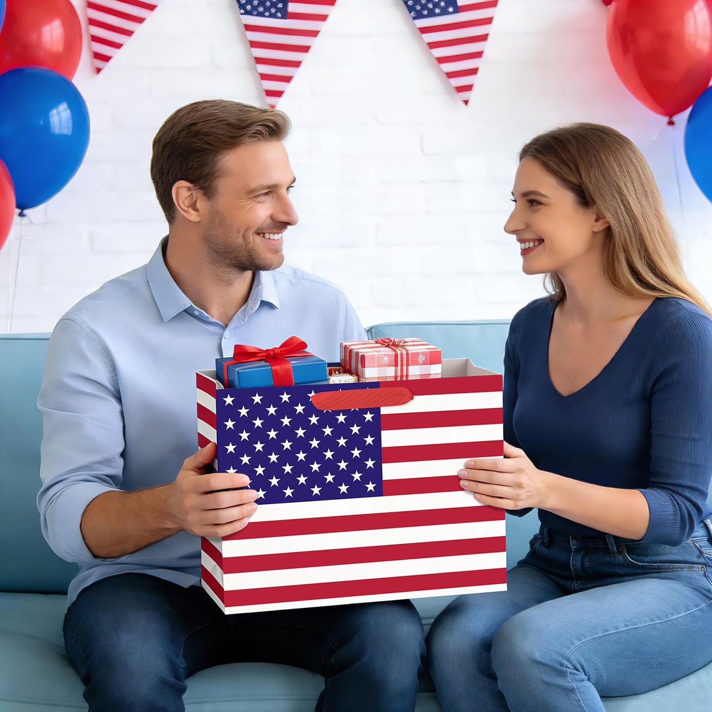 WRAPAHOLIC 13" Large USA Flag Patriotic Gift Bag with Tissue Paper - American Flags 4th of July Gift Bags for Independence Day, Memorial Day and Patriotic Shower