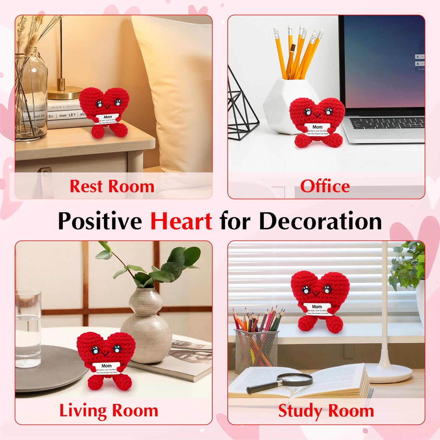 Birthday Gifts for Mom - Pocket Hug Heart with Positive Emotional Card Handmade Crochet Heart Doll for Mother's Day Women Mom Grandma (HeartShape-Red2)