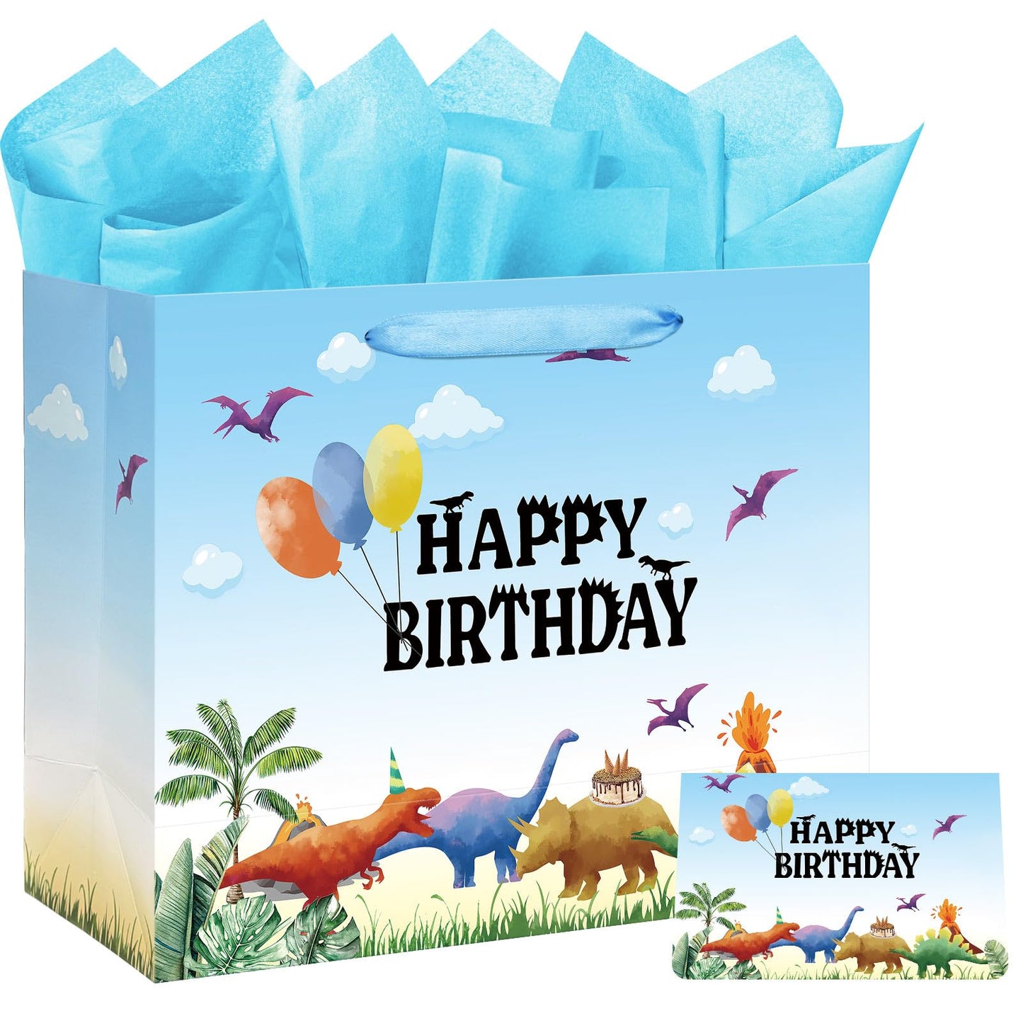 16.5" Extra Large Watercolor Dinosaur Birthday Gift Bag for Boy Kids with Card and Tissue Papers